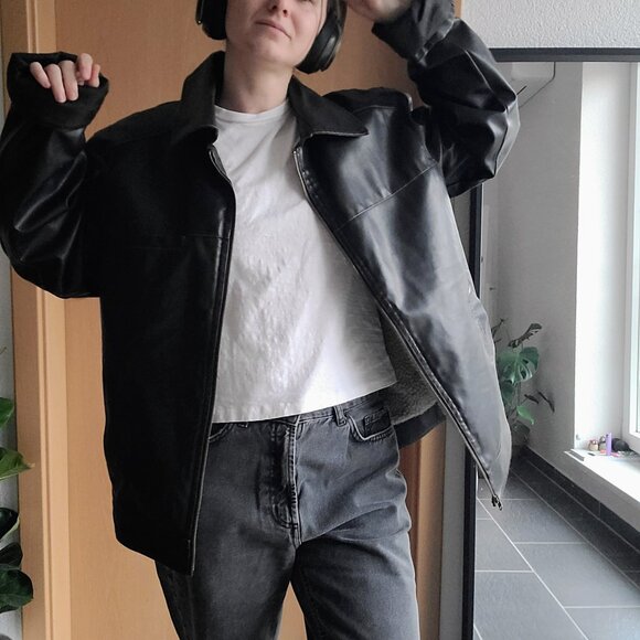 Vintage Genuine Leather Dark Brown Bomber Jacket Full Zip Sherpa Lining - Medium - Picture 1 of 9